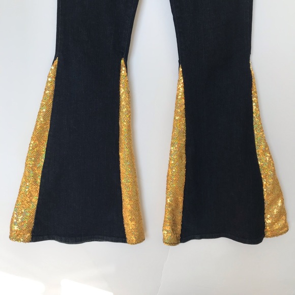 Vintage LVL X Black Denim Gold Sequin Hand Altered Flare Jeans - Picture 5 of 13